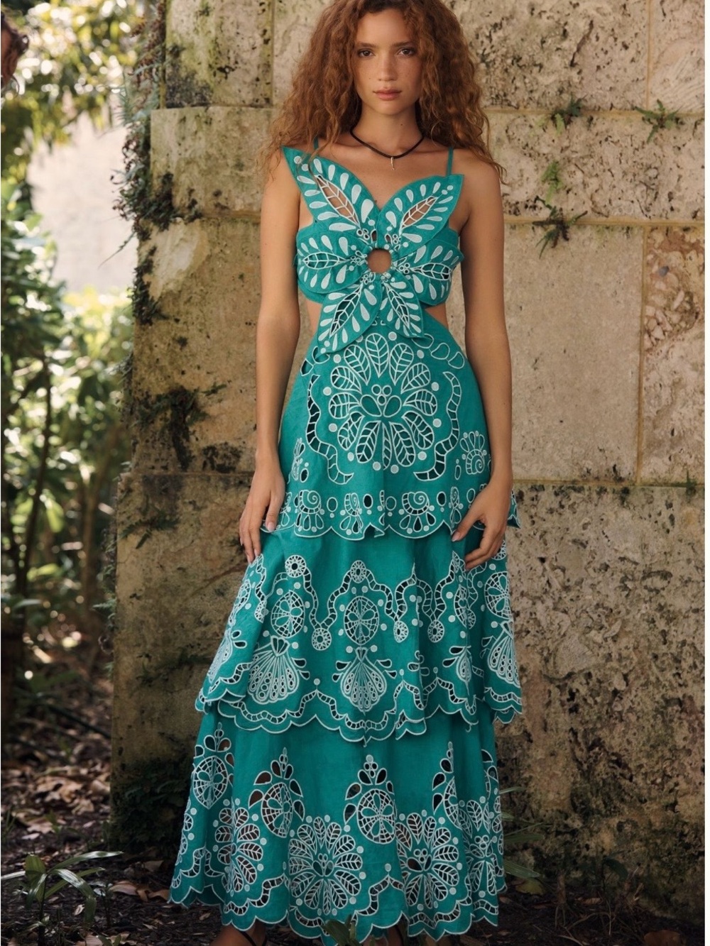 Farm Rio x Anthropologie Linen Tiered Embroidered Maxi Dress
